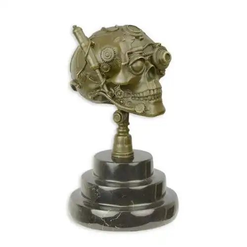 Bronze Skulptur auf Marmor Block Steampunk Schädel H 19,1 L 10,9 NLBX-15