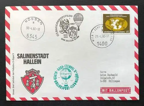 Brief Salinenstadt Hallein Ballonpost Bordstempel 1980 ca.16,1x11,4cm 410346