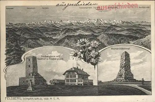 Feldberg Schwarzwald Panorama mit Alpenblick Gasthof zum Feldbergturm Bismarckdenkmal Stempel auf AK Kat. Feldberg (Schwarzwald)