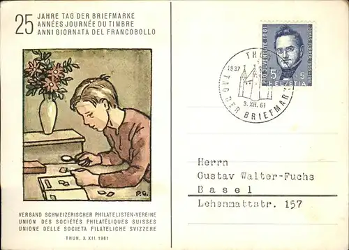 Briefmarke auf Ak Tag der Briefmarke Kat. Besonderheiten