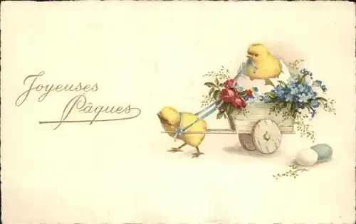 Ostern Easter Paques Kueken Holzwagen Blumen Ostereier Frankreich / Greetings /