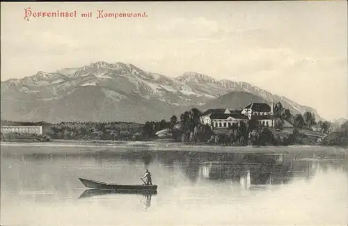 Chiemsee Herreninsel mit Kampenwand Chiemgauer Alpen Boot Schloss Kat. Chiemsee