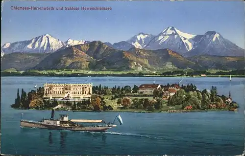 Chiemsee Herreninsel mit Koenigsschloss und Alpenblick Dampfer Kat. Chiemsee