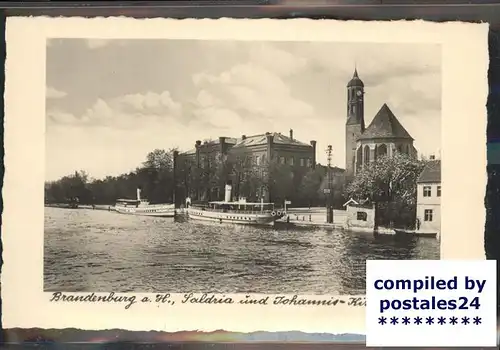 Brandenburg Havel Partie an der Havel Boot Saldria und Johanniskirche Kat. Brandenburg