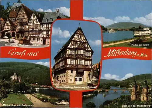 Miltenberg Main Historischer Marktplatz 15. Jhrdt. Brunnen Faehrschiff Mainanlage Golfplatz Mildenburg Kirche Bruecke aeltestes Gasthaus Deutschlands 12. Jhrdt. Fachwerkhaus Kat. Miltenberg