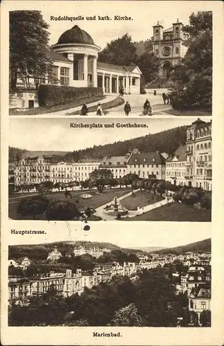 Marienbad Tschechien Rudolfsquelle mit Katholischer Kirche Kirchenplatz und Goethehaus Hauptstrasse Boehmen Kat. Marianske Lazne