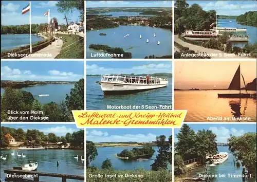 Malente Gremsmuehlen Promenade Dieksee Blick vom Holm Bucht Fliegeraufnahme Motorboot 5 Seen Fahrt Anlegestelle Abendstimmung Kat. Malente