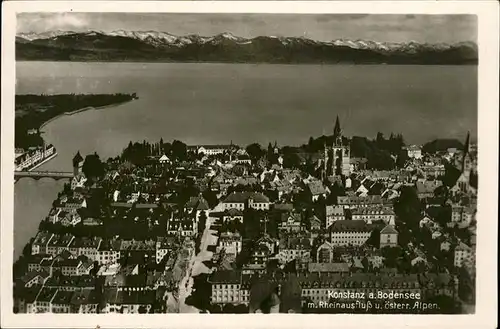 Konstanz mit Rheinausfluss Bodensee Panorama oesterreichische Alpen Kat. Konstanz