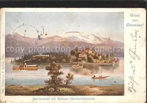 Chiemsee Herreninsel mit Schloss Herrenchiemsee Dampfer Boot Kuenstlerkarte Kat. Chiemsee