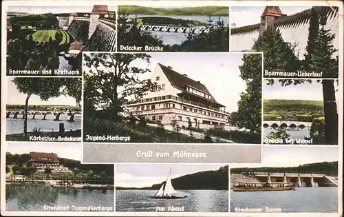 Moehnesee Sperrmauer Kraftwerk ueberlauf Delecker Bruecke Jugendherberge Strandbad Stockumer Damm Kat. Moehnesee