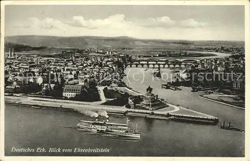 Koblenz Rhein Deutsches Eck Kaiser Wilhelm Denkmal Moselmuendung Bruecke Dampfer Blick von Ehrenbreitstein Kat. Koblenz