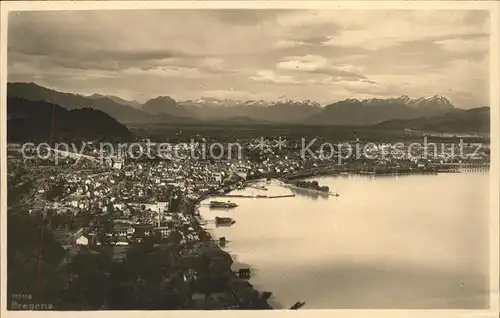 Bregenz Vorarlberg Panorama mit Schweizer Bergen Bodensee Hafen Kat. Bregenz