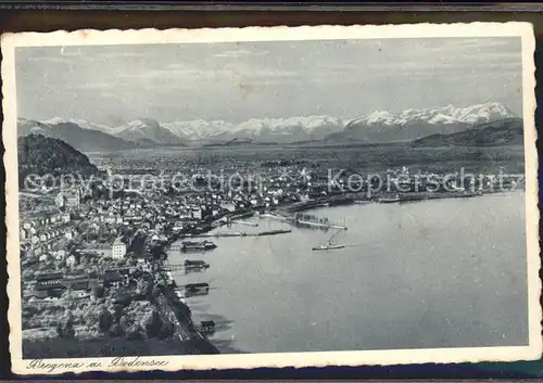 Bregenz Vorarlberg Panorama Rheintal mit Schweizer Bergen Bodensee Hafen Kat. Bregenz