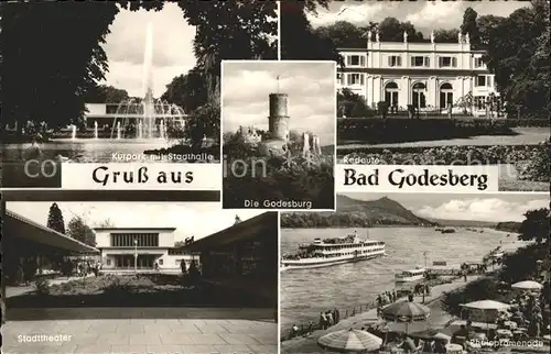 Bad Godesberg Kurpark Stadthalle Fontaene Godesburg Redoute Stadttheater Rheinpromenade Restaurant Terrasse Faehrschiff Kat. Bonn