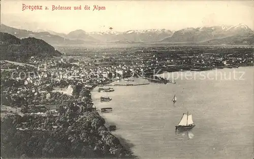 Bregenz Vorarlberg Panorama Rheintal mit Schweizer Bergen Bodensee Hafen Kat. Bregenz