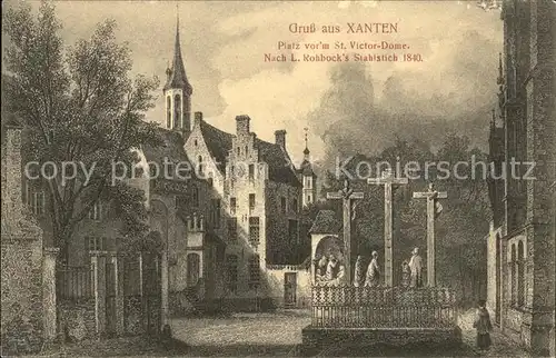 Xanten Platz vor dem St Victor Dome Stahlstich Kat. Xanten