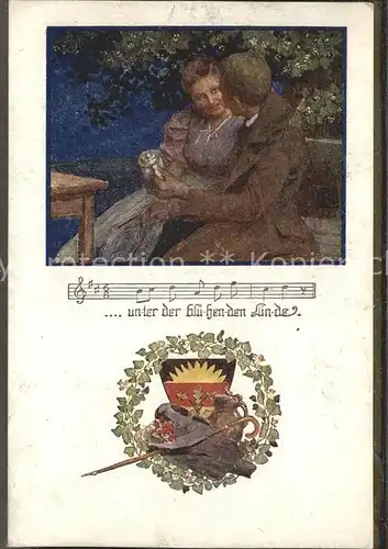 Liederkarte Wappen bluehender Linde Kuenstlerkarte / Musik /