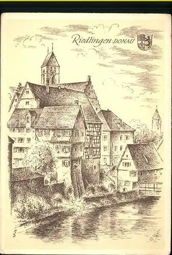 Riedlingen Donau Altstadt Stadtmauer Kirchturm Wappen Kuenstlerkarte Ludwig Schaefer Grohe Serie Wuerttembergische Staedtebilder Kat. Riedlingen