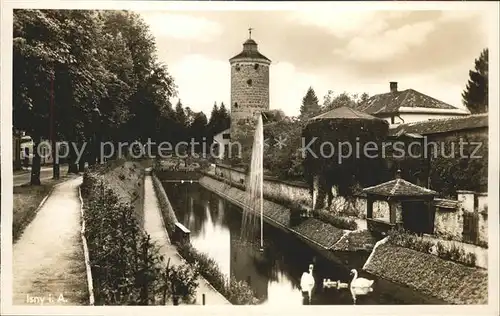 Isny Allgaeu Turm Fontaene Schwan Kat. Isny im Allgaeu