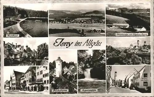 Isny Allgaeu Waldbad Rathaus Diebsturm Argentobelfaelle Wasserfall Schletteralpe Panorama Allgaeuer Alpen Kat. Isny im Allgaeu