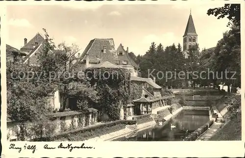 Isny Allgaeu Partie am Stadtgraben Kirchturm Kat. Isny im Allgaeu