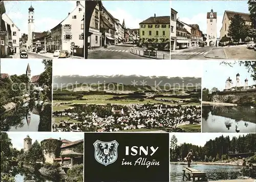 Isny Allgaeu Teilansichten Stadttor Turm Alpenpanorama Schwimmbad Wappen Kat. Isny im Allgaeu