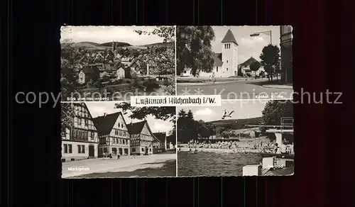 Hilchenbach Siegerland Blick vom Herrenberg Katholische Kirche Freibad Schwimmbad Marktplatz Luftkurort Kat. Hilchenbach