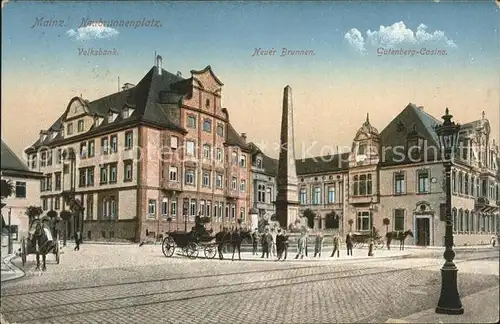 Mainz Rhein Neubrunnenplatz Volksbank Brunnen Gutenberg Casino Pferdedroschke / Mainz Rhein /Mainz Stadtkreis