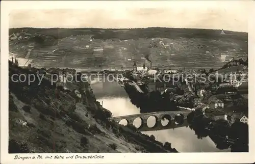 Bingen Rhein mit Nahe und Drususbruecke Kat. Bingen am Rhein