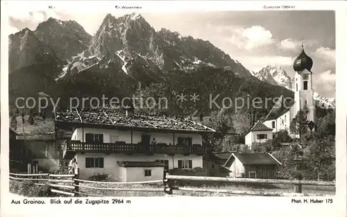 Grainau Dorfpartie mit Waxenstein und Zugspitze Kat. Grainau