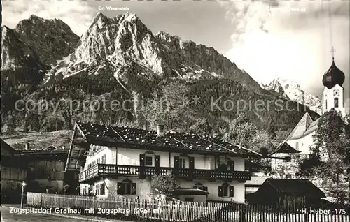 Grainau Teilansicht mit Kirche und Zugspitze Kat. Grainau