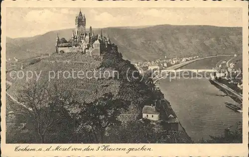 Cochem Mosel Moselpanorama mit Burg von den drei Kreuzen gesehen Kat. Cochem