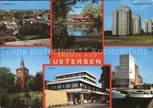 Uetersen Stadtuebersicht Klosterkirche Rathaus Hafen Boot Hochhaeuser Klosterkoppel Rosarium Teich Kat. Uetersen