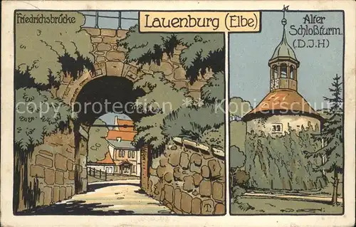 Lauenburg Elbe Friedrichsbruecke alter Schlossturm Kuenstlerkarte Kat. Lauenburg  Elbe