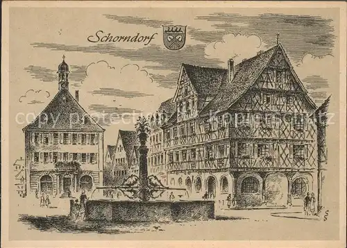 Schorndorf Wuerttemberg Staedtebild Marktplatz Brunnen Zeichnung / Schorndorf /Rems-Murr-Kreis LKR