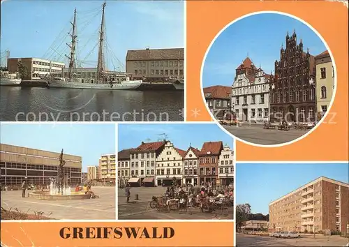 Greifswald Mecklenburg Vorpommern Segelschulschiff Wilhelm Pieck Platz der Freundschaft Giebel Plastik Sporthalle HO Hotel Boddenhus Kat. Greifswald