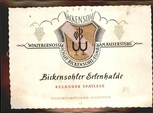 Bickensohl Weinetikette Kat. Vogtsburg im Kaiserstuhl