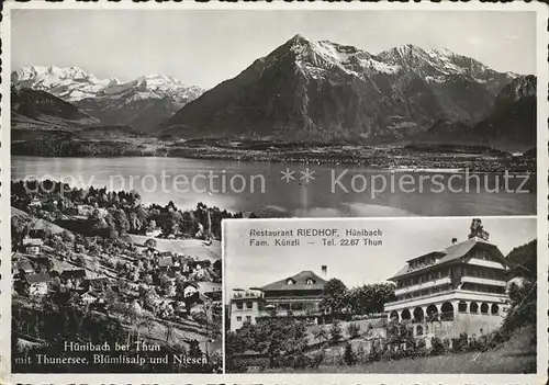 Huenibach mit Thunersee Blueemlisalp und Niesen Restaurant Riedhof Kat. Huenibach