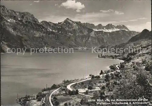 Filzbach Blick von der Kerenzerstrasse auf Walensee Sichelkamm und Alvierkette Kat. Filzbach