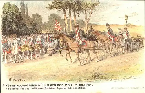 Dornach Elsass Historischer Festzug Soldaten Sapeure Artillerie Eingemeindungsfeier 1914 Geschichte Kuenstlerkarte / Mulhouse /Arrond. de Mulhouse