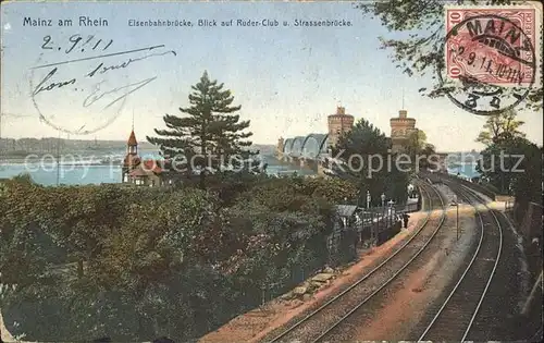 Mainz Rhein Eisenbahnbruecke Blick auf Ruder Club Strassenbruecke Stempel auf AK / Mainz Rhein /Mainz Stadtkreis