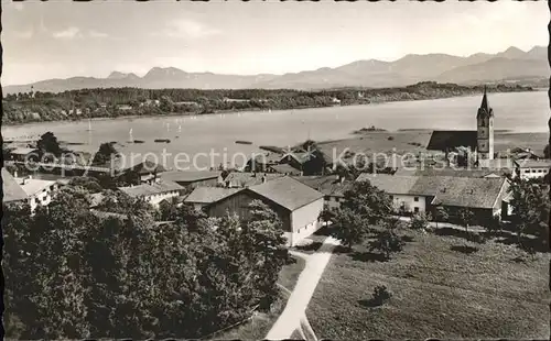 Seebruck Chiemsee Ortsansicht mit Kirche Alpenpanorama Kat. Seeon Seebruck