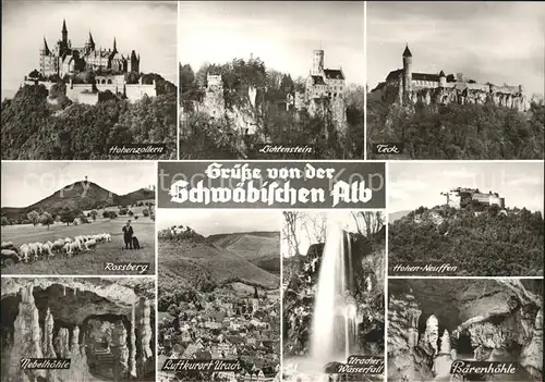 Hechingen Burgen und Schloesser Schwaebische Alb Tropfsteinhoehle Wasserfall Schafherde Bromsilber Kat. Hechingen
