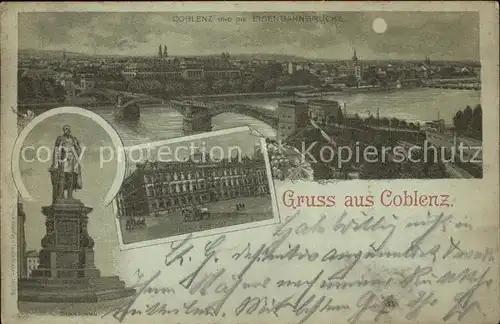 Koblenz Rhein Eisenbahnbruecke Goeben Denkmal Mondscheinkarte Litho Kat. Koblenz