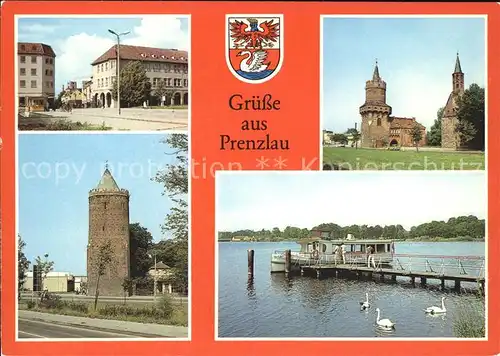 Prenzlau HO Hotel Uckermark Torturm Heiliggeistkapelle Schiffsanlegestelle MS Uckerperle Schwan Wappen Kat. Prenzlau