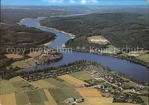 Sorpetalsperre mit Wildgehege und Freibad Fliegeraufnahme Kat. Sundern (Sauerland)