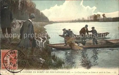 Fontainebleau Seine et Marne Chasse a courree en Foret de Fontainebleau Jagd Hund Stempel auf AK Kat. Fontainebleau