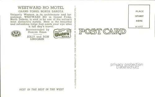 Grand Forks North Dakota Westward HO Motel Kat. Grand Forks