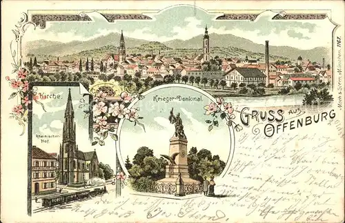 Offenburg Krieger-Denkmal Rheinischer Hof Kirche Litho / Offenburg /Ortenaukreis LKR