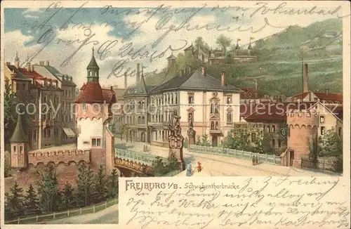 Freiburg Breisgau Schwabentorbruecke Litho Bahnpost / Freiburg im Breisgau /Breisgau-Hochschwarzwald LKR